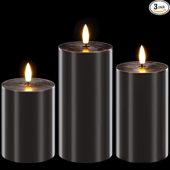 Homemory Halloween Black Flameless Candles Battery Operated with Remote Timer, Real Wax LED Pillar Candle for Halloween Decoration Indoor and Home Decor Gifts, H456, Set of 3