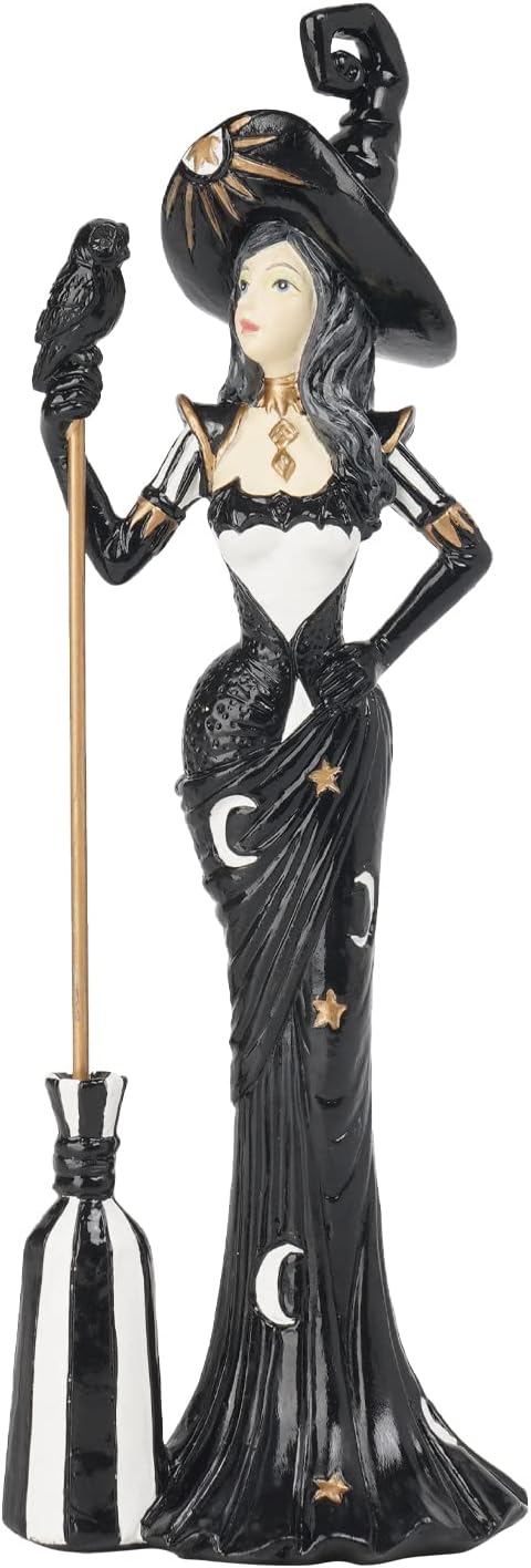 Newman House Studio Halloween Decoration Fairyland Witch Figurine - Magic Holding Broom Dia De Los Muertos Day of The Dead Statue Resin Theme Gift Farmhouse Decor 2.5x1.75x7.5 in