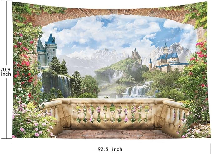 EMMTEEY Flower Wall Tapestry Pretty Tapestry View from Balcony of Waterfalls with Castles Tapestries for Bedroom 92.5X70.9 Inches Present for Families