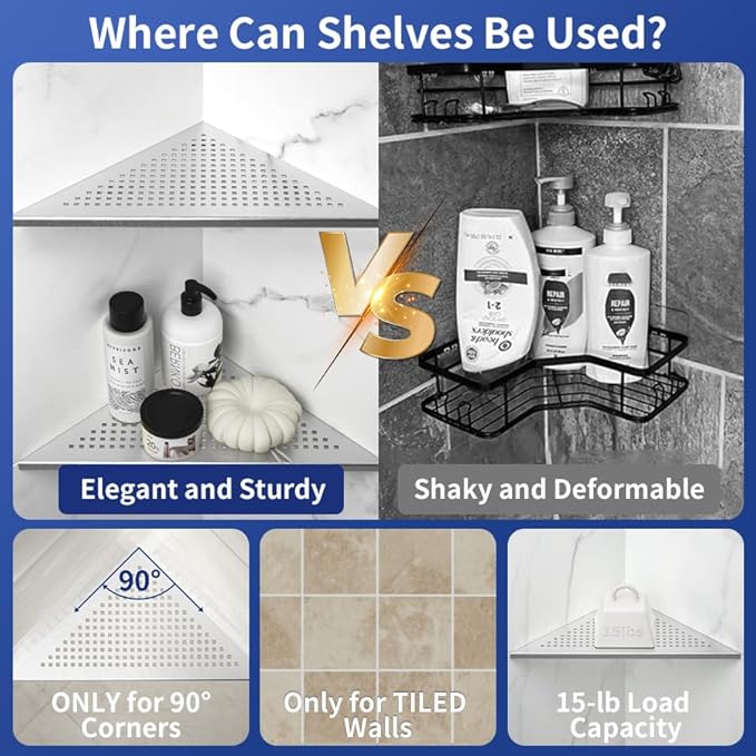 Corner Shower Shelves, 12" Brushed 304 Stainless Steel Recessed Shelf for Bathroom, Grout in Shelf for Tiled Wall, 2 Pack Large Size, No Drilling Needed