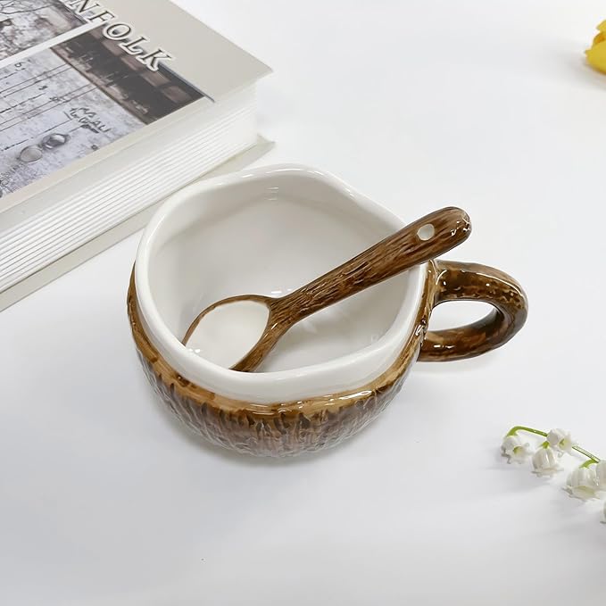 Ceramic Coffee Mug With Spoon, Coconut Cup, Novelty Mugs, Aesthetic Cups, Elegant Gift for Home Office, About 8.5-10 oz