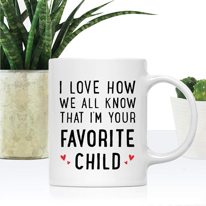 Andaz Press Valentine’s Day Funny 11oz. His Her Couples Coffee Mug Gift, I Love How We All Know That I'm Your Favorite Child, Heart Graphic, 1-Pack, Gift Box