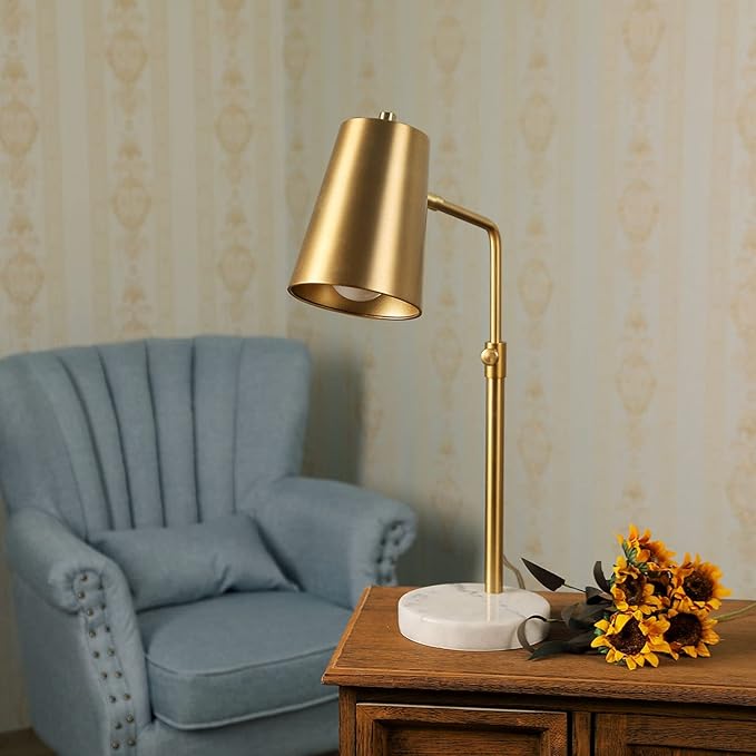 VONLUCE Table Lamp with LED Bulb, Vintage Gold Desk Lamp with Marble Base & Brass Shade, Mid Century Modern Reading Light for Office, 20" Industrial Table Task Lamp for Reading Bedroom Nightstands