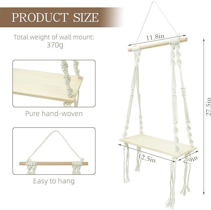 Floating Shelves, Macrame Wall Hanging Boho Decor Wall Shelf Wood Storage Shelves Plant for Wall Decor Hanging Shelf for Bedroom Bathroom Living Room