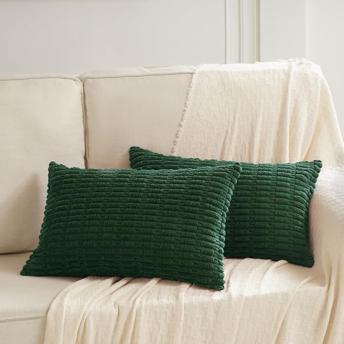 Fancy Homi Set of 4 Dark Green Lumbar Rectangle Decorative Throw Pillow Covers 14x24 Inch for Couch Bed Chair, Aesthetic Boho Room Decor, Soft Fuzzy Thick Corduroy Cute Textured Cushion Case 35x60cm