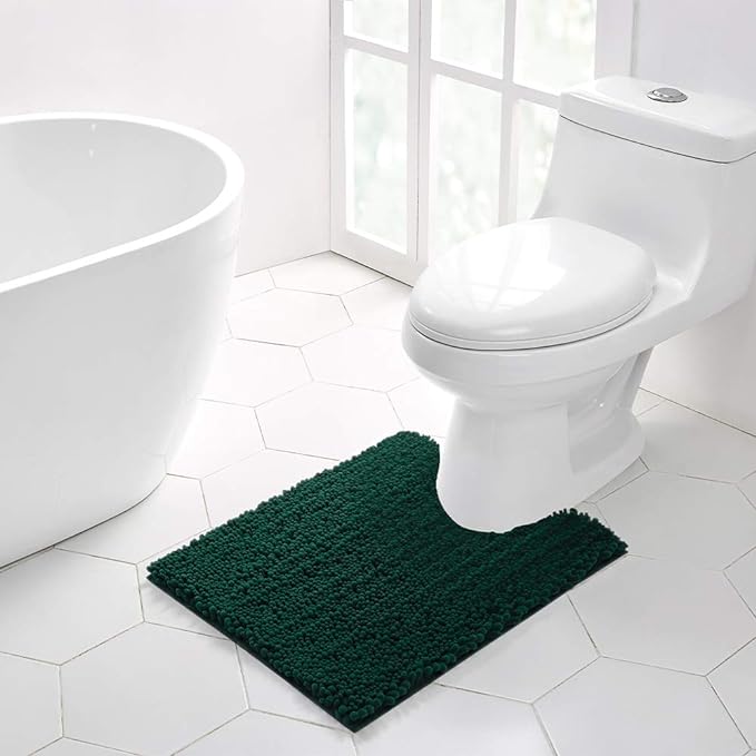Walensee Bathroom Rug 2 Pieces Set Non Slip Bath Mat (20"x32" Plus 20"x24" U Hunter Green) Water Absorbent Super Soft Shaggy Chenille Machine Washable Dry Extra Thick Perfect Carpet for Shower Floor