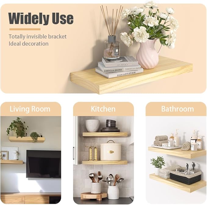Floating Shelves for Wall, Natural Wood Shelf Decor for Bathroom Kitchen Bedroom, Hanging Mounted Invisible Bracket, Small 17 inch, Rustic Burlywood