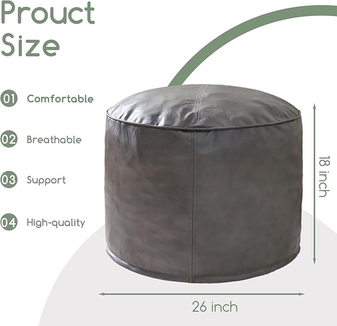 HIGOGOGO Round Stuffed Pouf Ottoman, Pu Leather Poufs with Foam Chunk Filling, Furry and Fluffy Pouf Foot Stool Storage Ottoman, 26 X 18 Floor Poufs Foot Rest for Living Room, Grey
