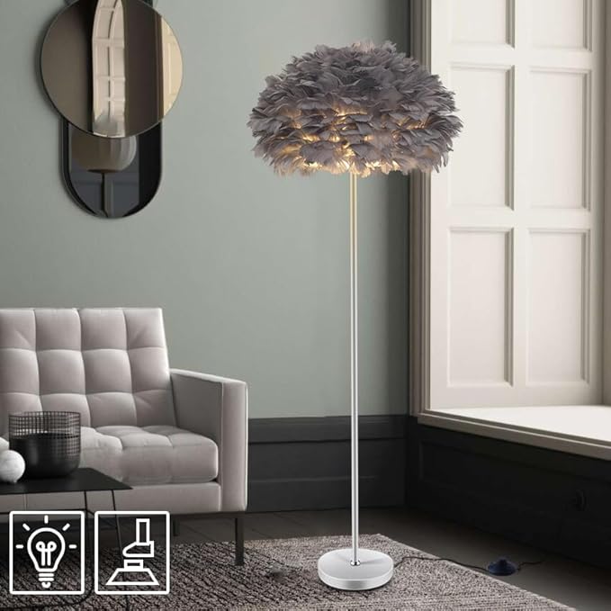 Feather Floor Lamp,Grey Floor Lamp for Bedroom,Unique Floorlamp Home Office Decor,Tall Lamps for Living Room,Goose Feather Lampshade,Modern Standing Lamps for Dinningroom,Corner,Behind Couch