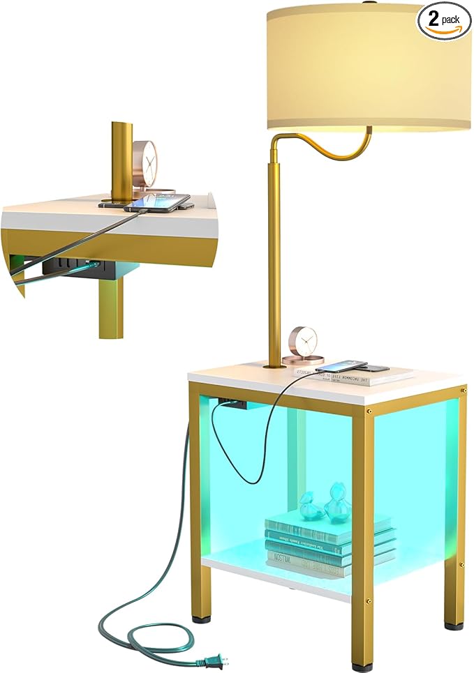 LED Floor Lamp with Table, Side Table with LED Light and Power Outlet, Nightstand with Lamp, End Table with Lamp Attached for Living Room, Bedroom, USB Ports, Bulb Included, White, 2 Pack