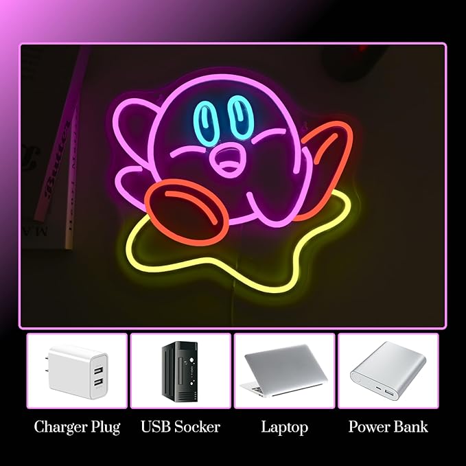 Cute Kirbee Neon Sign Dimmable Japanese Anime Led Signs for Wall Decor LED USB Powered Gaming Neon Light Sign for Kids Bedroom Game Room Decoration Gamer Fans Birthday Gifts