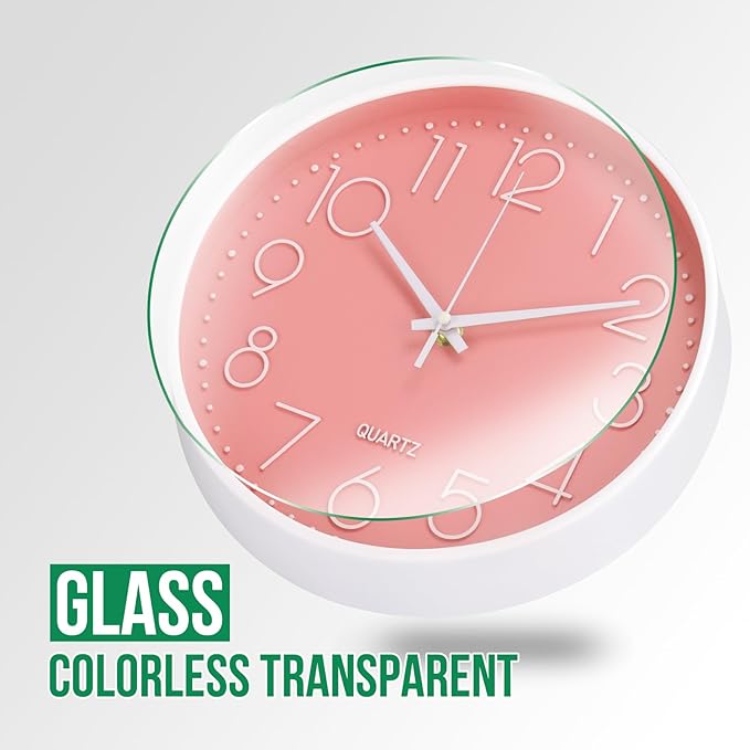 Wall Clock 10 Inch Non-Ticking Silent Modern Simple Style Round Decor Clock Peach Pink Stereoscopic Dial Quartz Wall Clocks for Home/Office/School/Living Room/Bedroom/Kitchen