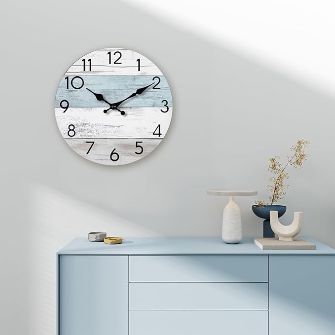 Wall Clock Silent Non-Ticking Wooden Clocks Battery Operated 8 Inch Small Country Retro Rustic and Beach Style Decorative for Kitchen, Home, Bathroom, Bedroom (Blue)