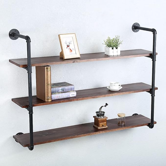 Industrial Pipe Shelves with Wood Planks,Bar Shelving Wall Mounted Hanging Book Shelf,Rustic Iron Floating Shelves for Wall(3 Tier 48in)