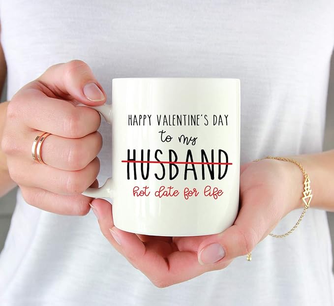 Andaz Press Valentine’s Day Funny 11oz. His Her Couples Coffee Mug Gift, Happy Valentine's Day To My Husband Hot Date For Life, 1-Pack, Gift Box