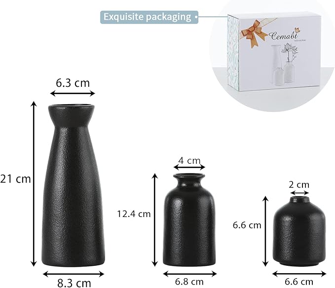CEMABT Black Ceramic vase Set-3 Small Flower vases for Decor,Modern Boho Farmhouse Home Decor,Decorative vase for Pampas Grass&Dried Flowers,idea Shelf,Table,Bookshelf ,Entryway- Distressed
