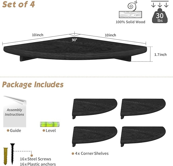 Forbena Black Corner Floating Shelves for Wall Set of 4, Small Rounded Corner Shelves Wall Mount for Bedroom Books, Mini Wood Hanging Corner Shelf for Bathroom Decor, Living Room, Small Spaces