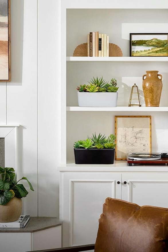 Artificial Succulents Plants in Ceramic Planter Assorted Faux Succulents in Pots Arrangement Fake Succulent Potted Plant for Home Office Desk Bathroom Shelf Living Room Indoor Outdoor Decor - White