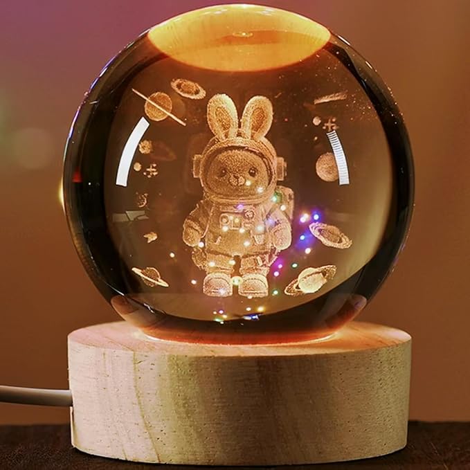 3D Crystal Ball Rabbit Decor Night Light, Space Bunny Astronaut Gifts for Kids, Birthday Gift for Boy Gifts for Him Her Boyfriend Girlfriend