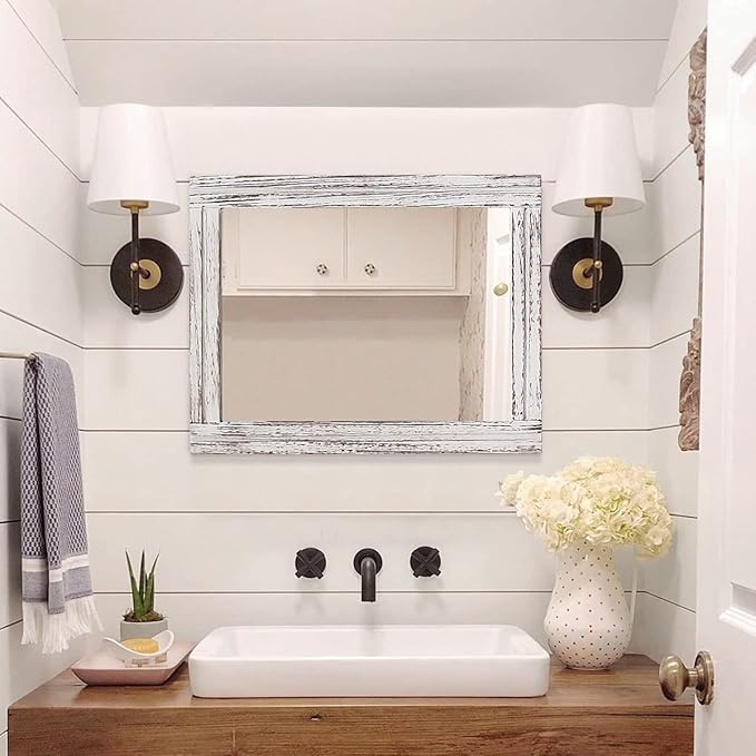 AAZZKANG Rustic Wall Mirror Rectangle Wood Framed Mirrors Large 20"x16" Decorative for Bedroom Bathroom Living Room Farmhouse Home Entryway Hanging White
