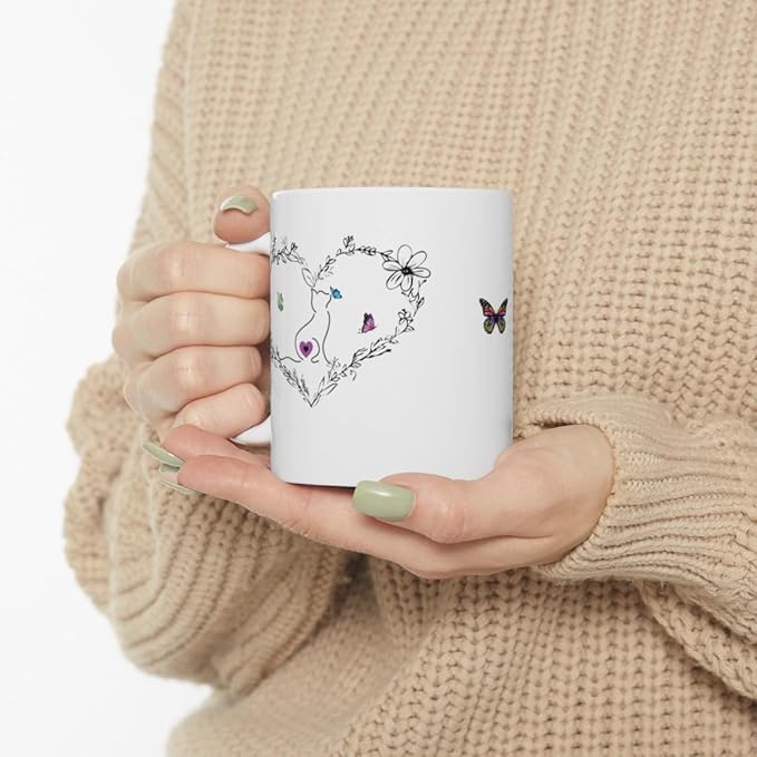 Cat Kissing a Butterfly Ceramic Coffee Mugs for Women, Black Heart Mug with a Kitty Kissing Butterflies, Cute Mugs Aesthetic (15oz), White, 17390492692989885872
