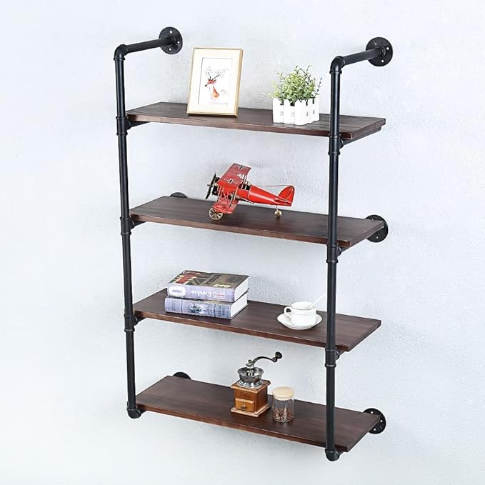 Industrial Pipe Shelving Wall Mounted,30in Rustic Metal Floating Shelves,Steampunk Real Wood Book Shelves,Wall Shelf Unit Bookshelf Hanging Wall Shelves,Farmhouse Kitchen Bar Shelving(4 Tier)