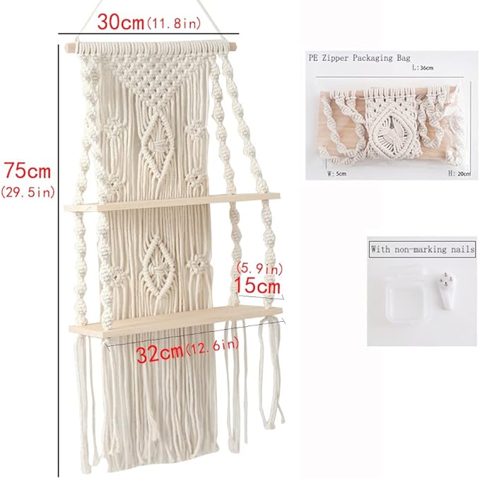 Macrame Wall Hanging Shelf Tassel Woven Macramé Shelves,Boho Wall Hanging Shelves for Small Plants Photo Frames,Home Living Room Bedroom Balcony Decor (2T)