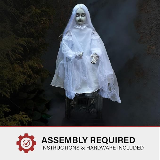 Haunted Hill Farm Motion-Activated Sitting Tombstone Girl by Tekky, Talking Animatronic for Indoor or Covered Outdoor Creepy Halloween Decorations, Plug-In or Battery Operated Prop