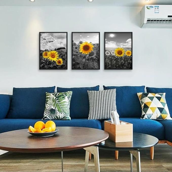 Black Framed Wall Art For Living Room Large Size Wall Decor For Bedroom Sunflower Flowers Wall Paintings Room Decor Black And White Wall Pictures Kitchen Home Decor Set of 3 Piece Framed Art Prints