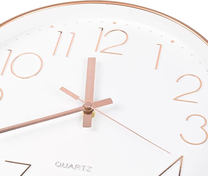 Wall Clock Battery Operated Non-Ticking Modern Analog Wall Clocks for Living Room, Kitchen, School (12Inch, Rose Gold)