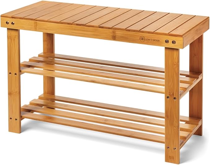 Leaf & Grain Bamboo Shoe Rack - Shoe Storage Bench for Front Door Entrance - Entryway Bench with Shoe Shelf, Shoe Storage Organizer, Wooden Shoe Rack, Durable Shoe Bench for Home (Natural)