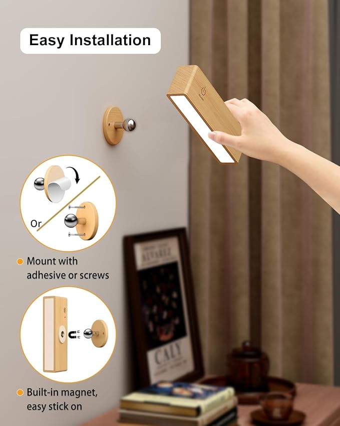 YiLaie Wall Sconces Battery Operated Set of Two,Rechargeable Wall Lamps for Bedroom,Wall Lights Wireless Dimmable,Wood Wall Sconce with 360 Rotation,Peel and Stick Wall Sconces for Bedroom Bedside