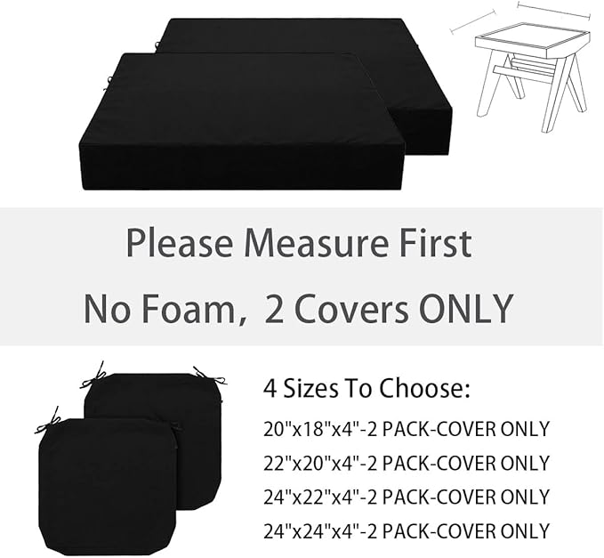FUNHOME Outdoor Cushion Covers 20 x 18 x 4 inch,Set of 2,Replacement Seat Cushion Cover for Patio Furniture Chair,Water Resistant,Fade-Resistant Slipcover Only,No Insert(Black)