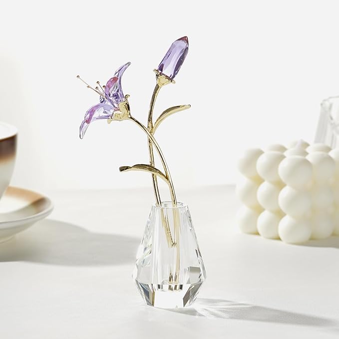 Crystal Lily Figurine, Glass Flowers with Stem,Flower Collectible Gifts for Woman, Wedding Party Decor(Purple)