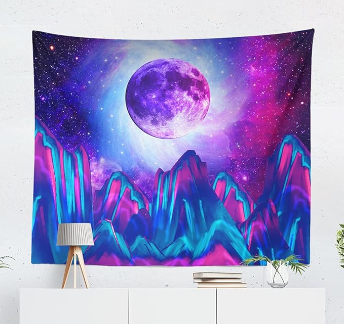 Trippy Psychedelic Tapestry Mountain Moon Galaxy Star Night Sky Universe Space Blue Starry Sky Wall Hanging Clouds Tree Aesthetic Wall Art for Bedroom Teen Girl Living Room 60x80