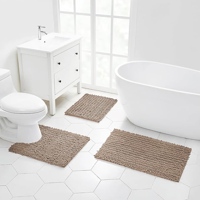 Walensee Bathroom Rug Non Slip Bath Mat (36x24 Inch Taupe) Water Absorbent Super Soft Shaggy Chenille Machine Washable Dry Extra Thick Perfect Absorbant Best Large Plush Carpet for Shower Floor