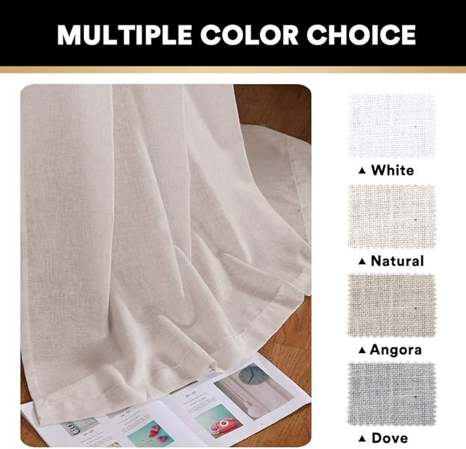PrinceDeco Light Filtering Linen Curtains with Soft Linen Burlap, Rod Pocket Decorative Rustic & Casual Window Drapes for Living Room/Bedroom, Angora, 2 Pair, W52 x L108