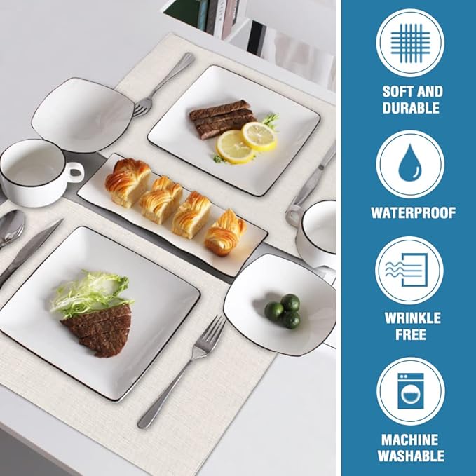 H.VERSAILTEX Linen Placemats Set of 6 Premium Solid Table Placemats for Dining Table Spill-Proof Waterproof Table Mats Heat-Resistant Kitchen Table Mats Washable, 12x18 inches, Ivory