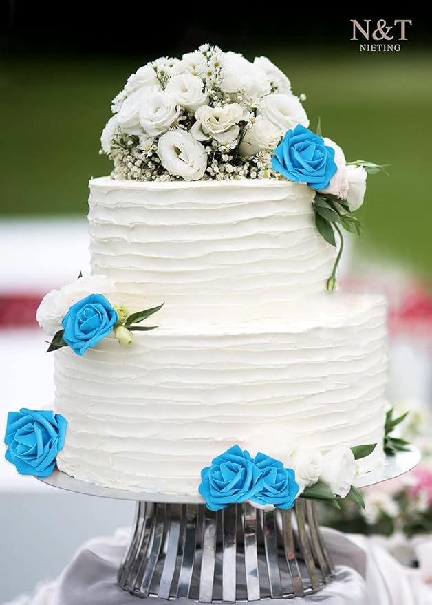 N&T NIETING Artificial Flowers 50pcs Real Looking Blue Foam Fake Roses with Stems for DIY Wedding Bouquets White Bridal Shower Centerpieces Arrangements Party Tables Decorations