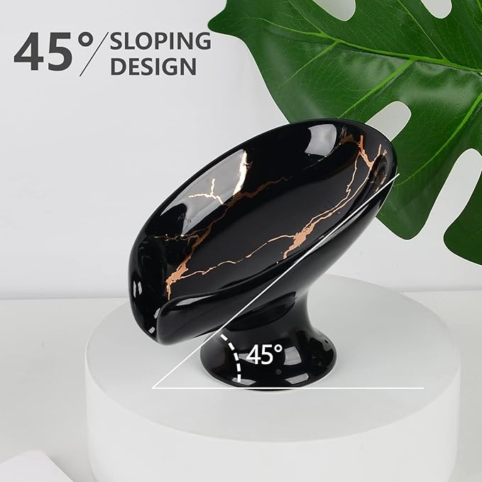 Soap Dish, Ceramic Soap Holder Self Draining Leaf Shape Bar Soap Holder, Marble Look Black Drain Soap Dish Holder for Bathroom, Easy to Clean Keeps Soap Dry, ANTIS'S HOME