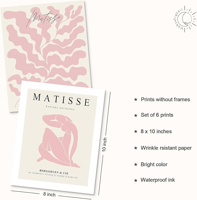 Habseligkeit Pink Matisse Wall Art Prints, Abstract Wall Art Exhibition Posters, Vintage Wall Art Prints, Retro Room Decor for Girl's Bedroom 8x10 inch, Unframed