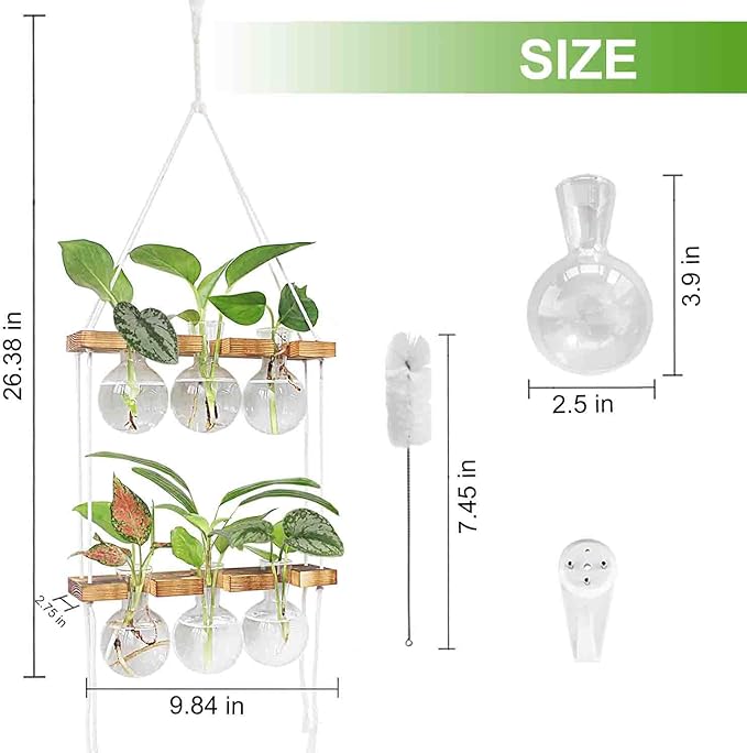 Plant Propagation Station Wall Hanging, Plant Terrarium with 2 Tiered Wooden Stand for Hydroponics Plants, Unique Gardening Gifts for Women Mom Plant Lovers - 6 Bulb Glass Vases