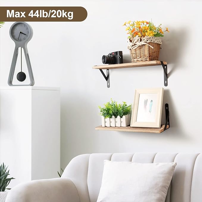 AGM Floating Shelves, Bathroom Shelf Set of 2, Rustic Wood Wall Mounted Shelf for Storage&Room Decor, Floating Shelf for Plants, Book, Bathroom, Bedroom, Kitchen, Office, Living Room(Light Brown)