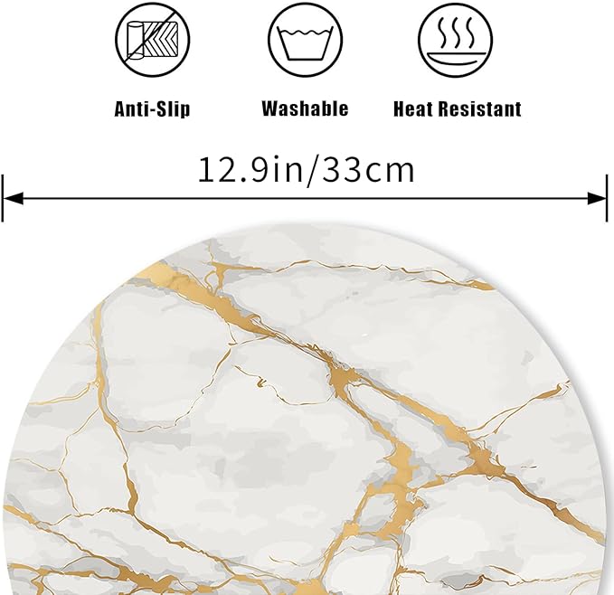 Round Leather Placemats Set of 4 PU Waterproof Non-Slip Washable Heat Resistant Place Mat for Kitchen Dining Table - Marble Gold Line