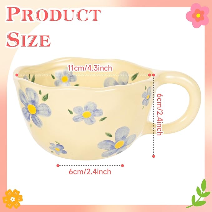 Ceramic Coffee Mug Vintage Flower Mugs 8 oz Cute Floral Coffee Mugs Irregular Latte Art Cup Lead-free Porcelain Cups for Cappuccino, Cocoa (Blue Flowers)