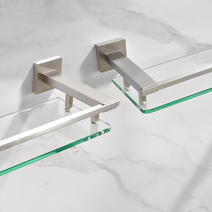 Bathroom Shelves Glass Shelf 20-Inch Brushed Nickel Floating Tempered Glass Shelf Rectangular Modern Stainless Steel Wall Mount Shelves for Shower Bathroom Kitchen Organizers Accessories,A7613BN