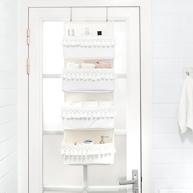 Dahey Over The Door Organizer with 4 Pockets and Macrame Decorative Cotton Rope Storage Basket Boho Nursery Decor for Bathroom, Bedroom, Dorm