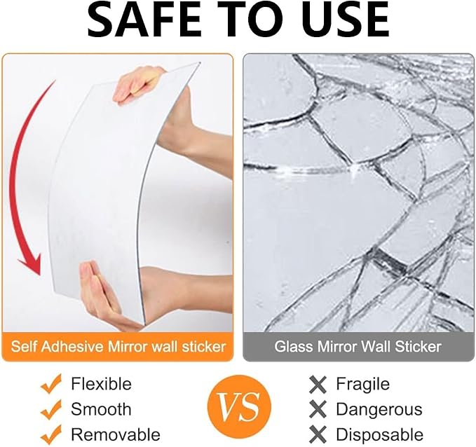 4Pcs Acrylic Mirror Sheets, 8"x12" Wall Mounted Mirror Tiles Self Adhesive Mirror Stickers Frameless Full Body Mirror Tiles for Wall Bedroom Bath Home Decor