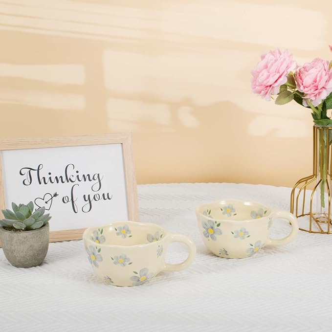 Koythin 2-Pieces Ceramic Coffee Mugs, Creative Cute Flower Cup for Office and Home, 8.5 oz/250 ml Aesthetic Mug for Latte Tea Milk (2 Blue Flower)