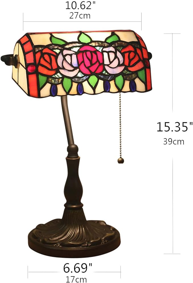 Tiffany Style Bankers Table Lamp Stained Glass Piano Desk Lamp Vintage Bedroom Bedside Lamp for Study,Antique Alloy Base,Zipper Switch,Rose a